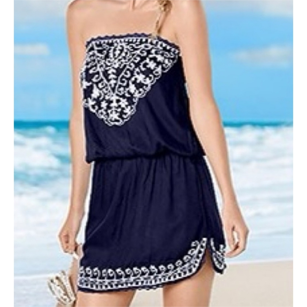 Venus Strapless Swim Coverup Dress Navy Embroidered  Size S